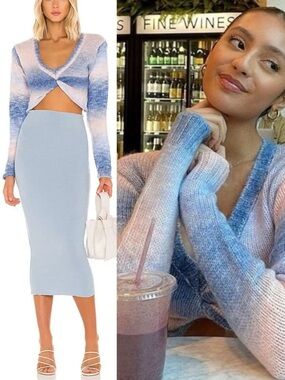 For Love and Lemons Celeste Twist Front Crop Sweater in Blue and Pink Ombré